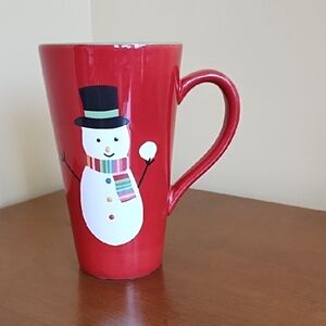 Tall Ironstone Mug Snowman Microwave Dishwasher Safe Hand Painted Red White
